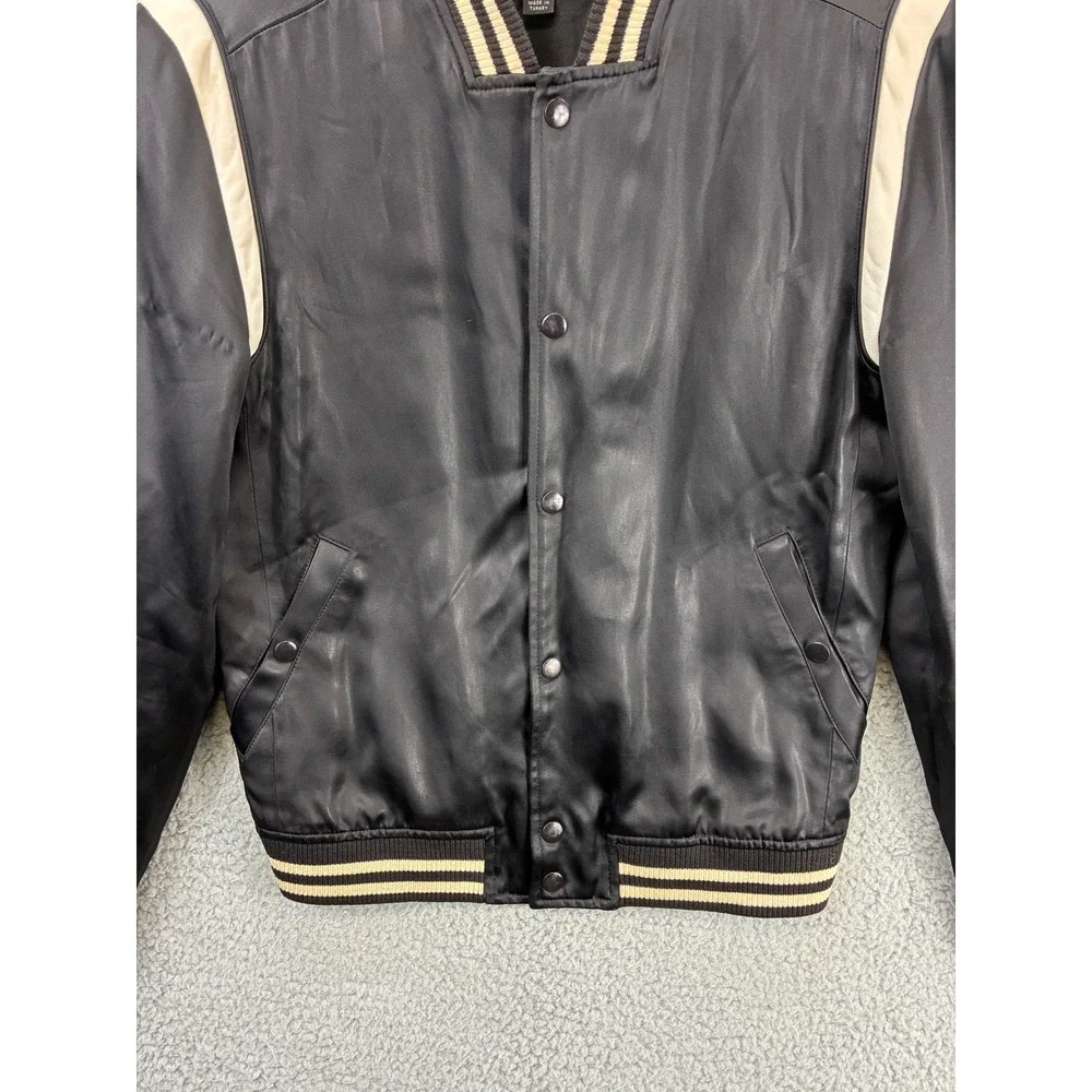 AllSaints Matsu Varsity Bomber Jacket Mens XS Black White Striped Trim Snap